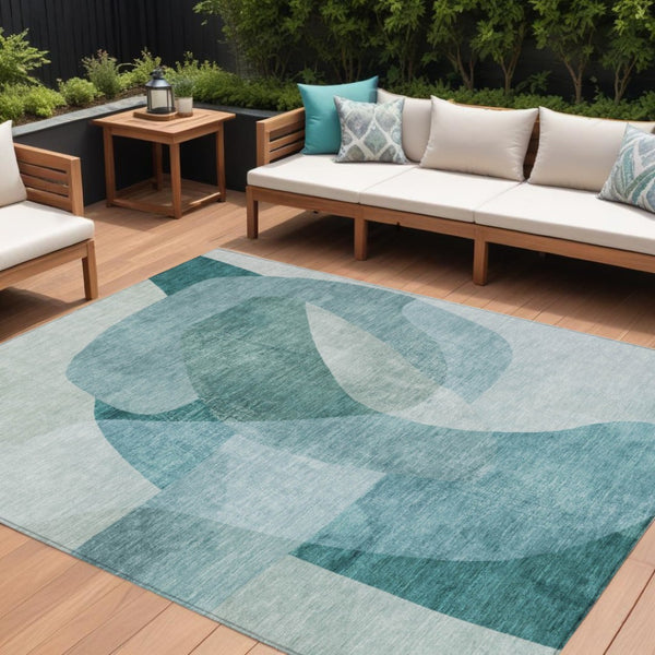 HomeRoots 5' Teal Blue and Ivory Abstract Area Rug – Washable, Stain Resistant for Indoor and Outdoor Use 10' X 14' 630440
