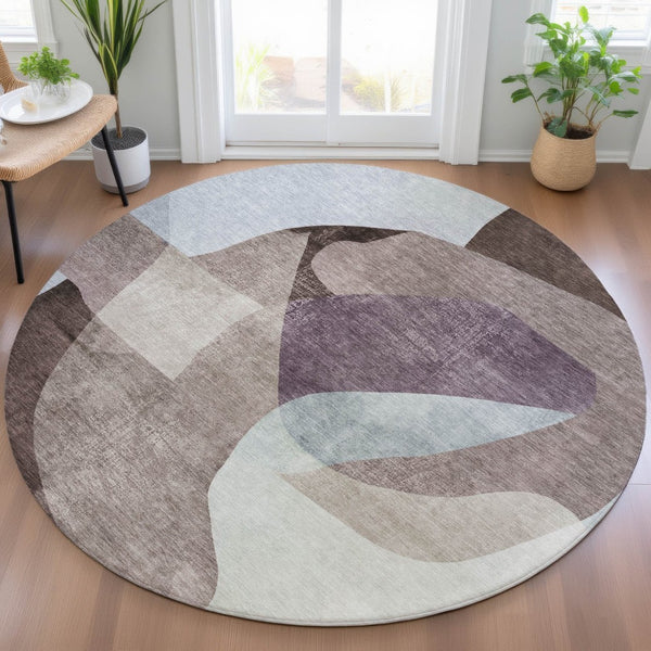 HomeRoots 5' Brown and Taupe Abstract Area Rug – Stylish, Washable, Durable for Indoor and Outdoor Spaces 8' Round 630443