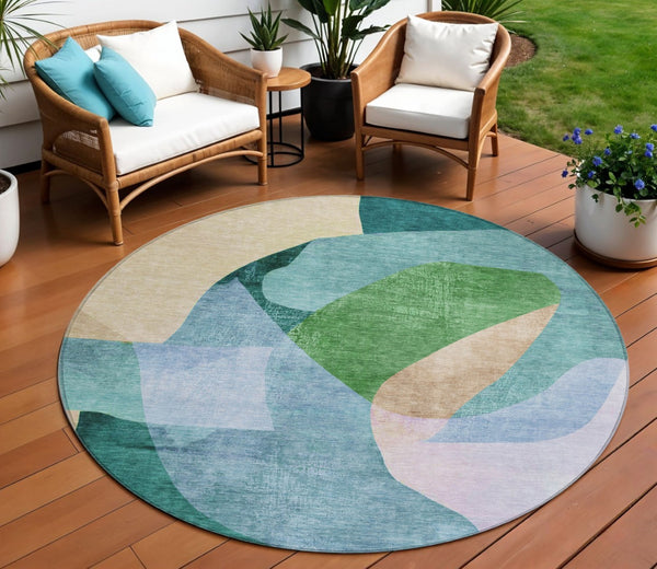 HomeRoots 5' Vibrant Green and Teal Abstract Indoor Outdoor Area Rug – Stylish, Machine Washable, Versatile Decor 8' Round 630449