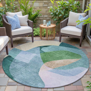 HomeRoots 5' Vibrant Green and Teal Abstract Indoor Outdoor Area Rug – Stylish, Machine Washable, Versatile Decor 8' Round 630449