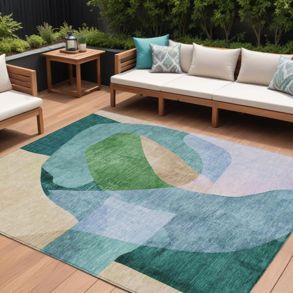 HomeRoots 5' Vibrant Green and Teal Abstract Indoor Outdoor Area Rug – Stylish, Machine Washable, Versatile Decor 8' X 10' 630450