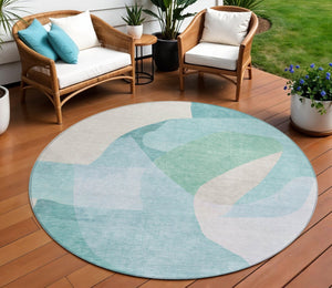 HomeRoots 5' Modern Coastal Aqua and Beige Abstract Area Rug - Washable, Durable, Perfect for Indoor Outdoor Use 8' Round 630455