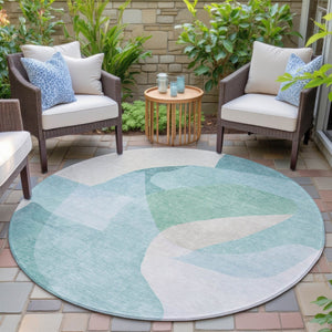 HomeRoots 5' Modern Coastal Aqua and Beige Abstract Area Rug - Washable, Durable, Perfect for Indoor Outdoor Use 8' Round 630455