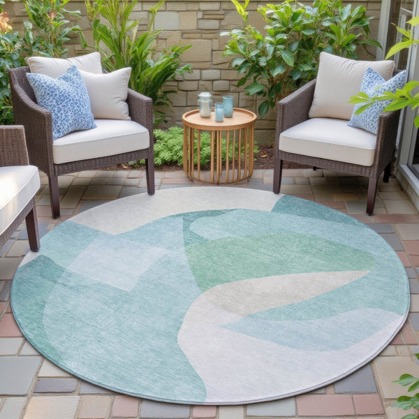 HomeRoots 5' Modern Coastal Aqua and Beige Abstract Area Rug - Washable, Durable, Perfect for Indoor Outdoor Use 8' Round 630455