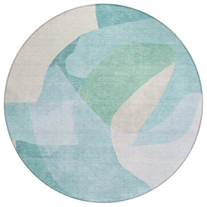 HomeRoots 5' Modern Coastal Aqua and Beige Abstract Area Rug - Washable, Durable, Perfect for Indoor Outdoor Use 8' Round 630455