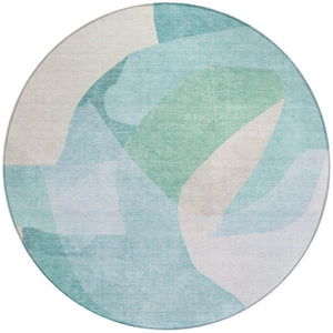 HomeRoots 5' Modern Coastal Aqua and Beige Abstract Area Rug - Washable, Durable, Perfect for Indoor Outdoor Use 8' Round 630455