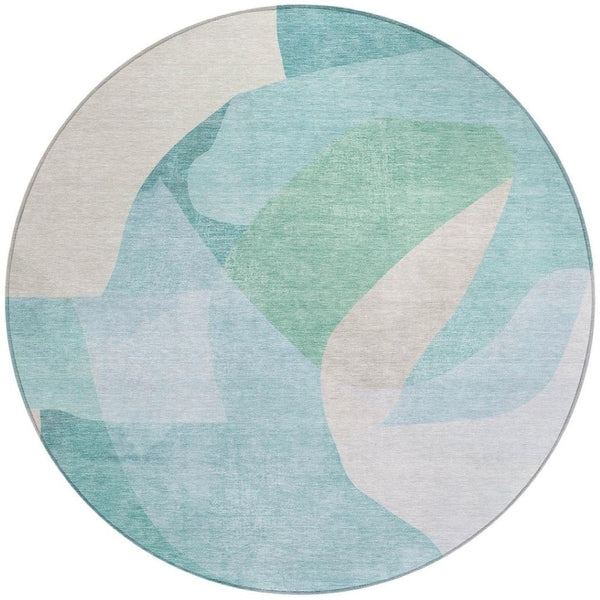 HomeRoots 5' Modern Coastal Aqua and Beige Abstract Area Rug - Washable, Durable, Perfect for Indoor Outdoor Use 8' Round 630455