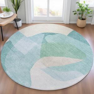 HomeRoots 5' Modern Coastal Aqua and Beige Abstract Area Rug - Washable, Durable, Perfect for Indoor Outdoor Use 8' Round 630455