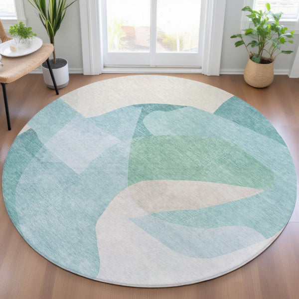 HomeRoots 5' Modern Coastal Aqua and Beige Abstract Area Rug - Washable, Durable, Perfect for Indoor Outdoor Use 8' Round 630455