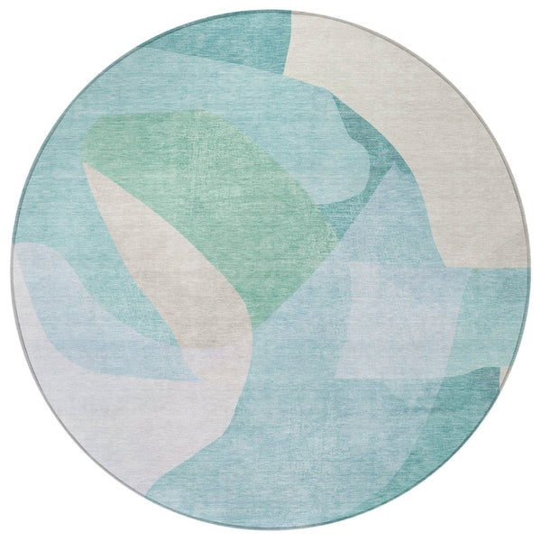 HomeRoots 5' Modern Coastal Aqua and Beige Abstract Area Rug - Washable, Durable, Perfect for Indoor Outdoor Use 8' Round 630455