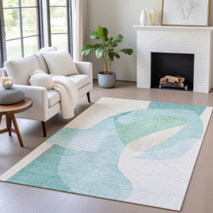 HomeRoots 5' Modern Coastal Aqua and Beige Abstract Area Rug - Washable, Durable, Perfect for Indoor Outdoor Use 8' X 10' 630456