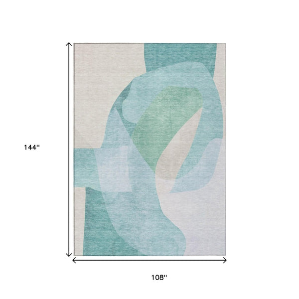 HomeRoots 5' Modern Coastal Aqua and Beige Abstract Area Rug - Washable, Durable, Perfect for Indoor Outdoor Use 9' X 12' 630457