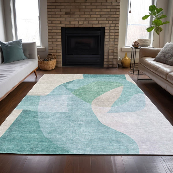 HomeRoots 5' Modern Coastal Aqua and Beige Abstract Area Rug - Washable, Durable, Perfect for Indoor Outdoor Use 9' X 12' 630457