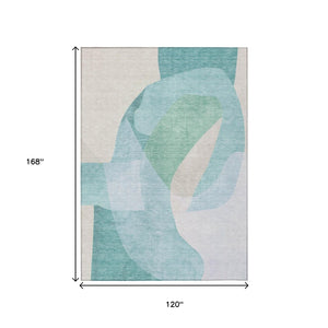 HomeRoots 5' Modern Coastal Aqua and Beige Abstract Area Rug - Washable, Durable, Perfect for Indoor Outdoor Use 10' X 14' 630458