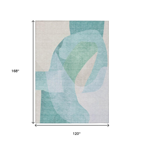 HomeRoots 5' Modern Coastal Aqua and Beige Abstract Area Rug - Washable, Durable, Perfect for Indoor Outdoor Use 10' X 14' 630458