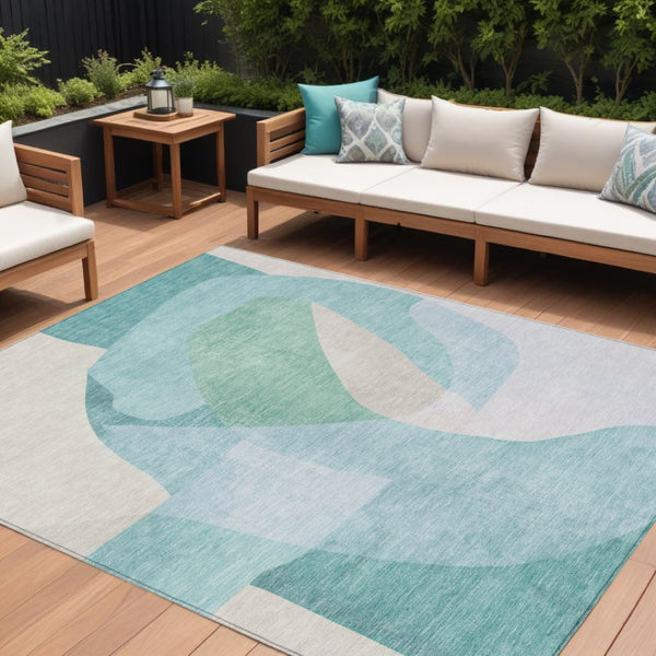 HomeRoots 5' Modern Coastal Aqua and Beige Abstract Area Rug - Washable, Durable, Perfect for Indoor Outdoor Use 10' X 14' 630458