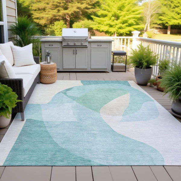 HomeRoots 5' Modern Coastal Aqua and Beige Abstract Area Rug - Washable, Durable, Perfect for Indoor Outdoor Use 10' X 14' 630458