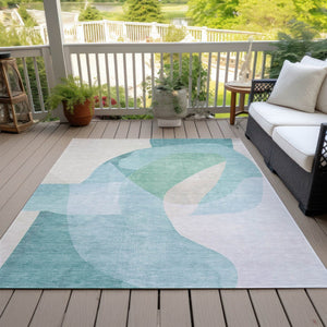 HomeRoots 5' Modern Coastal Aqua and Beige Abstract Area Rug - Washable, Durable, Perfect for Indoor Outdoor Use 10' X 14' 630458