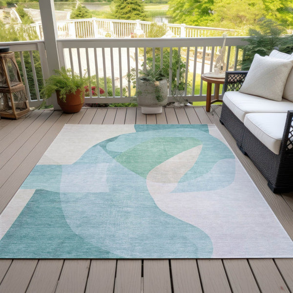 HomeRoots 5' Modern Coastal Aqua and Beige Abstract Area Rug - Washable, Durable, Perfect for Indoor Outdoor Use 10' X 14' 630458