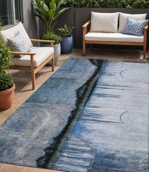 HomeRoots 5' Abstract Blue and Charcoal Washable Area Rug - Durable, Stylish Design for Indoor and Outdoor Spaces 5' X 8' 630466