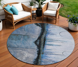 HomeRoots 5' Abstract Blue and Charcoal Washable Area Rug - Durable, Stylish Design for Indoor and Outdoor Spaces 8' Round 630467