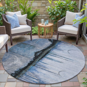 HomeRoots 5' Abstract Blue and Charcoal Washable Area Rug - Durable, Stylish Design for Indoor and Outdoor Spaces 8' Round 630467
