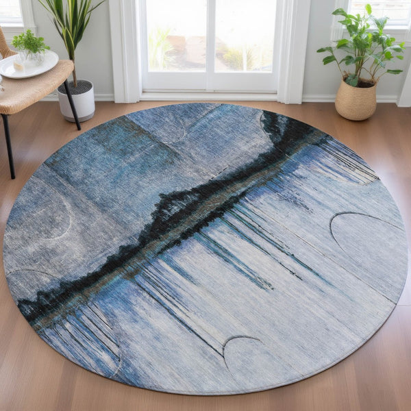 HomeRoots 5' Abstract Blue and Charcoal Washable Area Rug - Durable, Stylish Design for Indoor and Outdoor Spaces 8' Round 630467