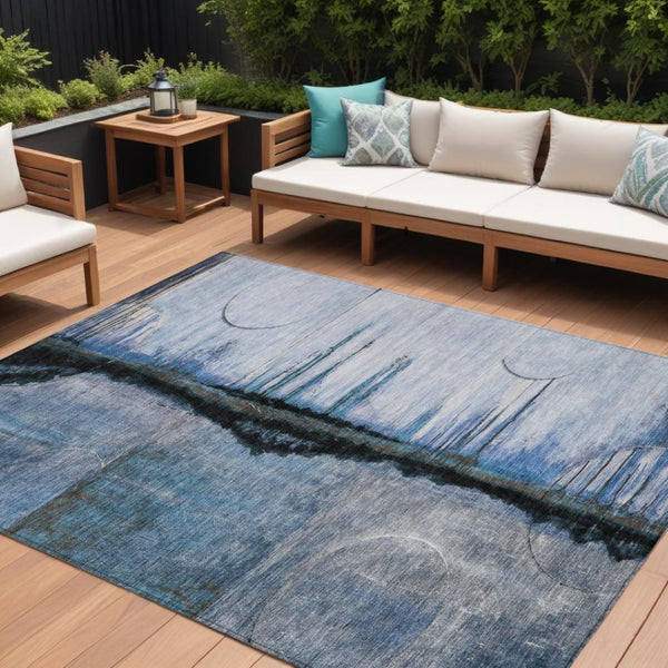 HomeRoots 5' Abstract Blue and Charcoal Washable Area Rug - Durable, Stylish Design for Indoor and Outdoor Spaces 8' X 10' 630468