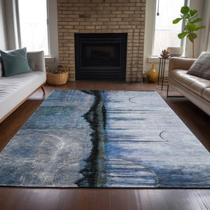 HomeRoots 5' Abstract Blue and Charcoal Washable Area Rug - Durable, Stylish Design for Indoor and Outdoor Spaces 8' X 10' 630468