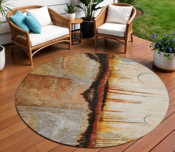 HomeRoots 5' Durable Abstract Washable Area Rug in Rust and Charcoal - Perfect for Indoor and Outdoor Spaces 8' Round 630473