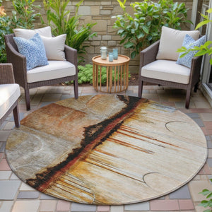 HomeRoots 5' Durable Abstract Washable Area Rug in Rust and Charcoal - Perfect for Indoor and Outdoor Spaces 8' Round 630473