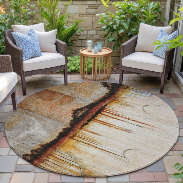 HomeRoots 5' Durable Abstract Washable Area Rug in Rust and Charcoal - Perfect for Indoor and Outdoor Spaces 8' Round 630473