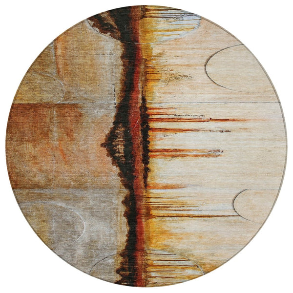 HomeRoots 5' Durable Abstract Washable Area Rug in Rust and Charcoal - Perfect for Indoor and Outdoor Spaces 8' Round 630473