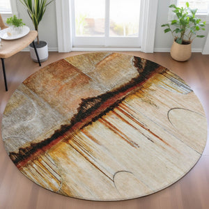HomeRoots 5' Durable Abstract Washable Area Rug in Rust and Charcoal - Perfect for Indoor and Outdoor Spaces 8' Round 630473