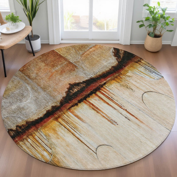 HomeRoots 5' Durable Abstract Washable Area Rug in Rust and Charcoal - Perfect for Indoor and Outdoor Spaces 8' Round 630473
