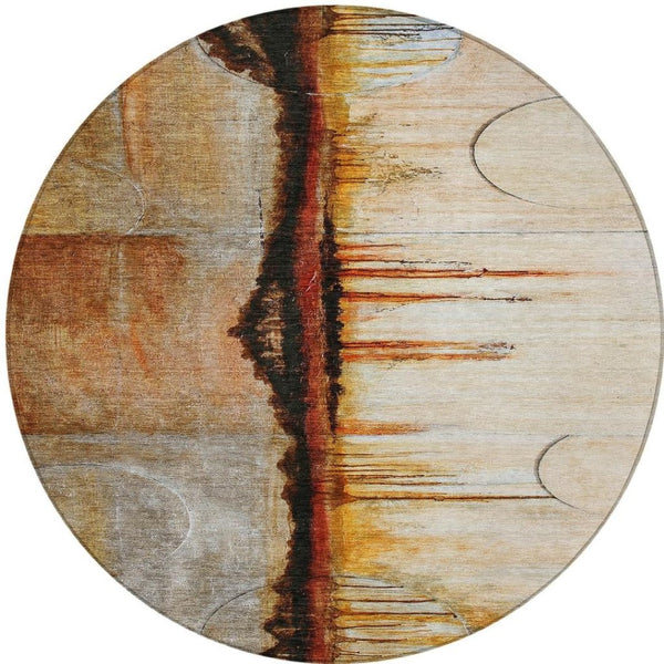 HomeRoots 5' Durable Abstract Washable Area Rug in Rust and Charcoal - Perfect for Indoor and Outdoor Spaces 8' Round 630473