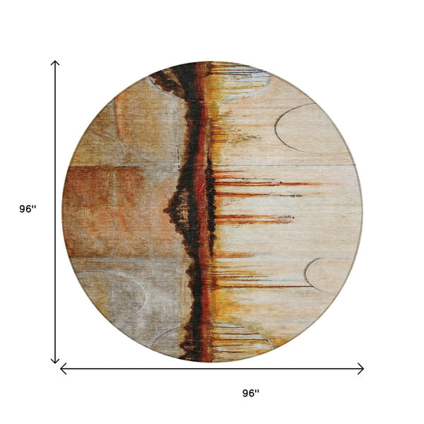 HomeRoots 5' Durable Abstract Washable Area Rug in Rust and Charcoal - Perfect for Indoor and Outdoor Spaces 8' Round 630473