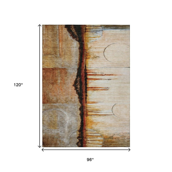 HomeRoots 5' Durable Abstract Washable Area Rug in Rust and Charcoal - Perfect for Indoor and Outdoor Spaces 8' X 10' 630474