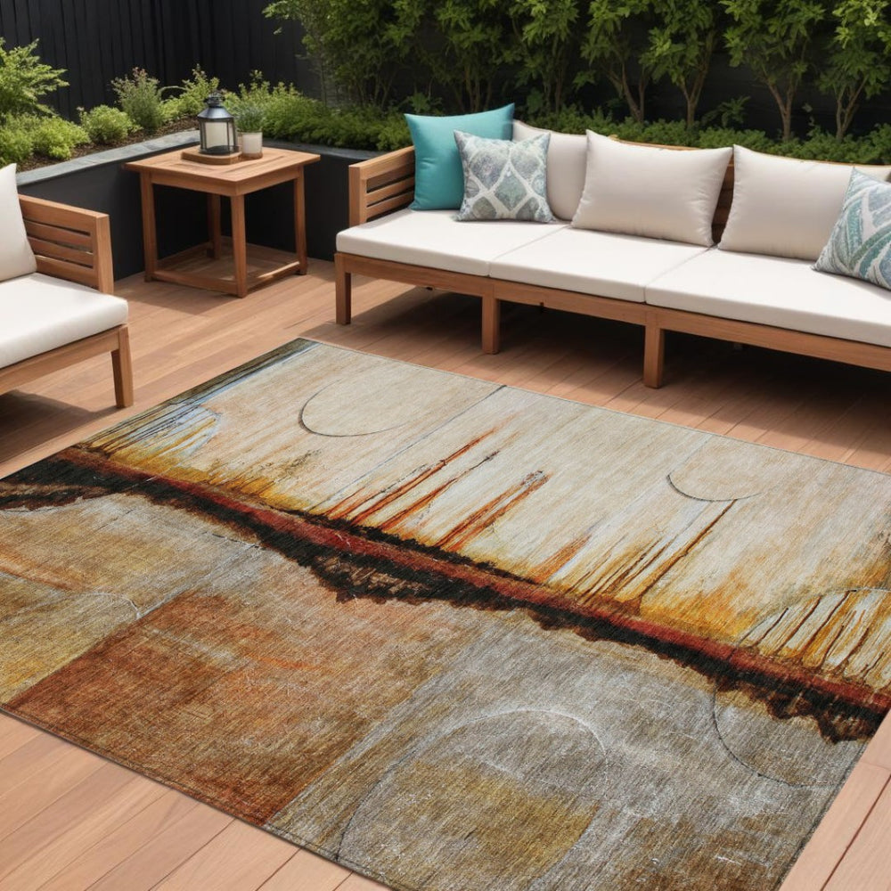 HomeRoots 5' Durable Abstract Washable Area Rug in Rust and Charcoal - Perfect for Indoor and Outdoor Spaces 8' X 10' 630474