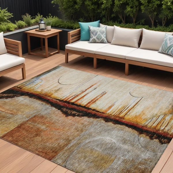 HomeRoots 5' Durable Abstract Washable Area Rug in Rust and Charcoal - Perfect for Indoor and Outdoor Spaces 8' X 10' 630474
