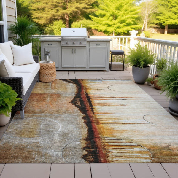 HomeRoots 5' Durable Abstract Washable Area Rug in Rust and Charcoal - Perfect for Indoor and Outdoor Spaces 10' X 14' 630476