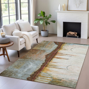 HomeRoots 5' Modern Rust and Beige Abstract Area Rug – Stylish, Washable, Durable for Indoor and Outdoor Use 5' X 8' 630478