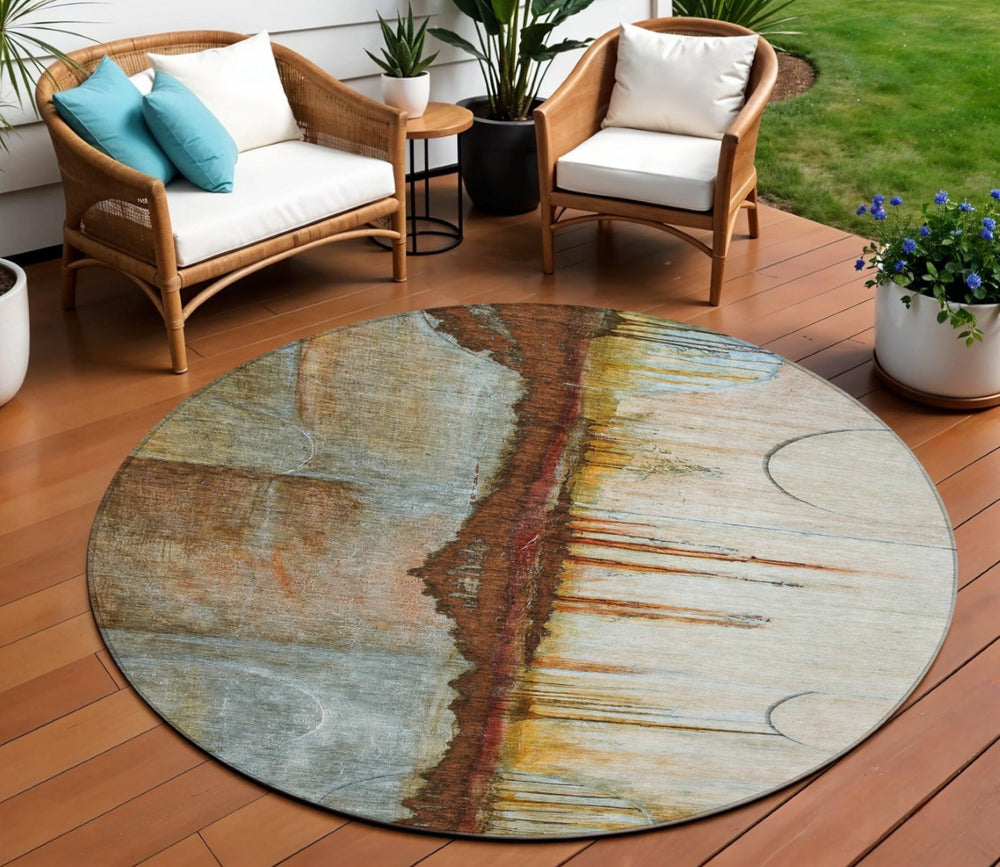 HomeRoots 5' Modern Rust and Beige Abstract Area Rug – Stylish, Washable, Durable for Indoor and Outdoor Use 8' Round 630479