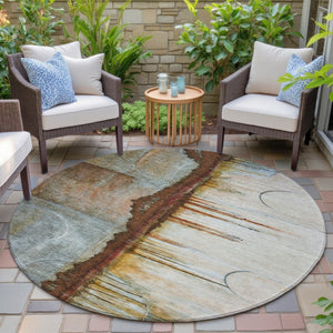 HomeRoots 5' Modern Rust and Beige Abstract Area Rug – Stylish, Washable, Durable for Indoor and Outdoor Use 8' Round 630479