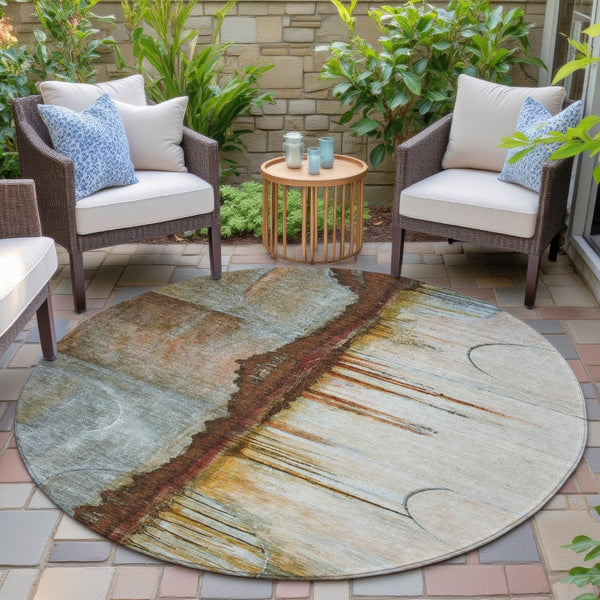 HomeRoots 5' Modern Rust and Beige Abstract Area Rug – Stylish, Washable, Durable for Indoor and Outdoor Use 8' Round 630479
