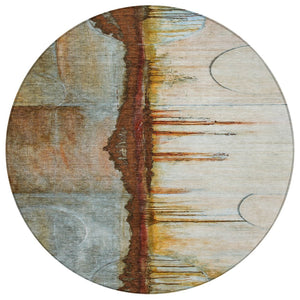 HomeRoots 5' Modern Rust and Beige Abstract Area Rug – Stylish, Washable, Durable for Indoor and Outdoor Use 8' Round 630479