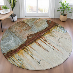 HomeRoots 5' Modern Rust and Beige Abstract Area Rug – Stylish, Washable, Durable for Indoor and Outdoor Use 8' Round 630479