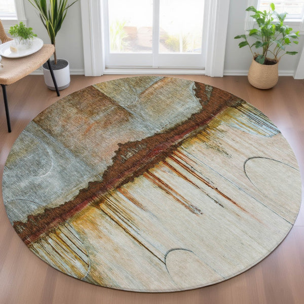 HomeRoots 5' Modern Rust and Beige Abstract Area Rug – Stylish, Washable, Durable for Indoor and Outdoor Use 8' Round 630479