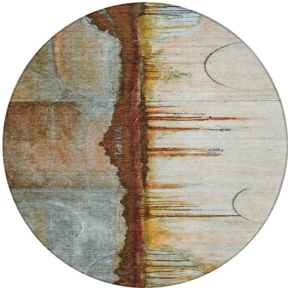 HomeRoots 5' Modern Rust and Beige Abstract Area Rug – Stylish, Washable, Durable for Indoor and Outdoor Use 8' Round 630479