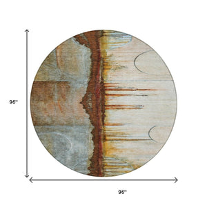 HomeRoots 5' Modern Rust and Beige Abstract Area Rug – Stylish, Washable, Durable for Indoor and Outdoor Use 8' Round 630479